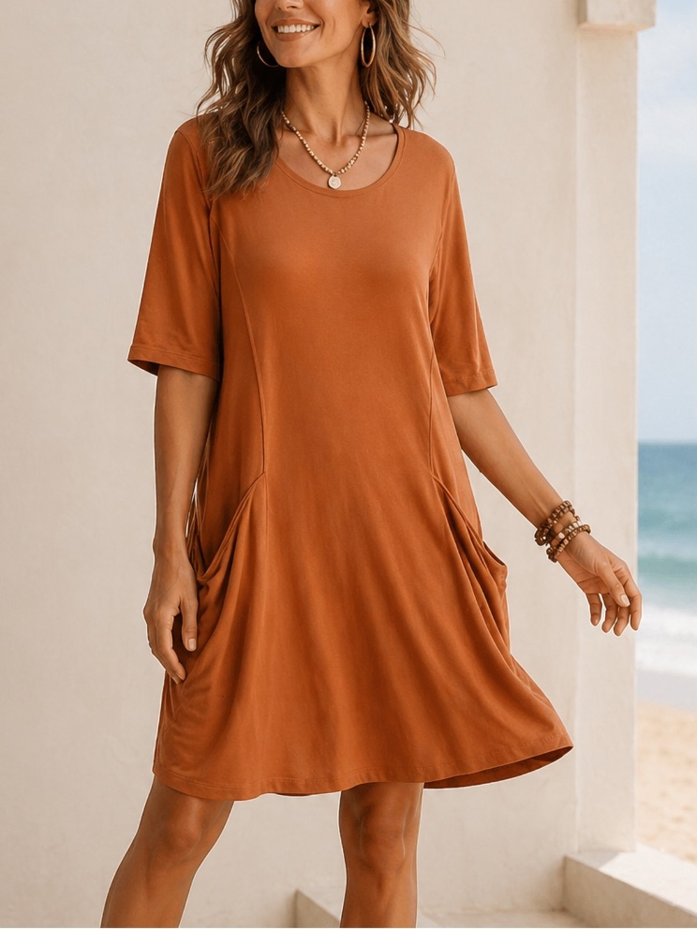 Organic Cotton Tunic Dress L Comfy Knit Pockets Beach Lagenlook Resort Travel